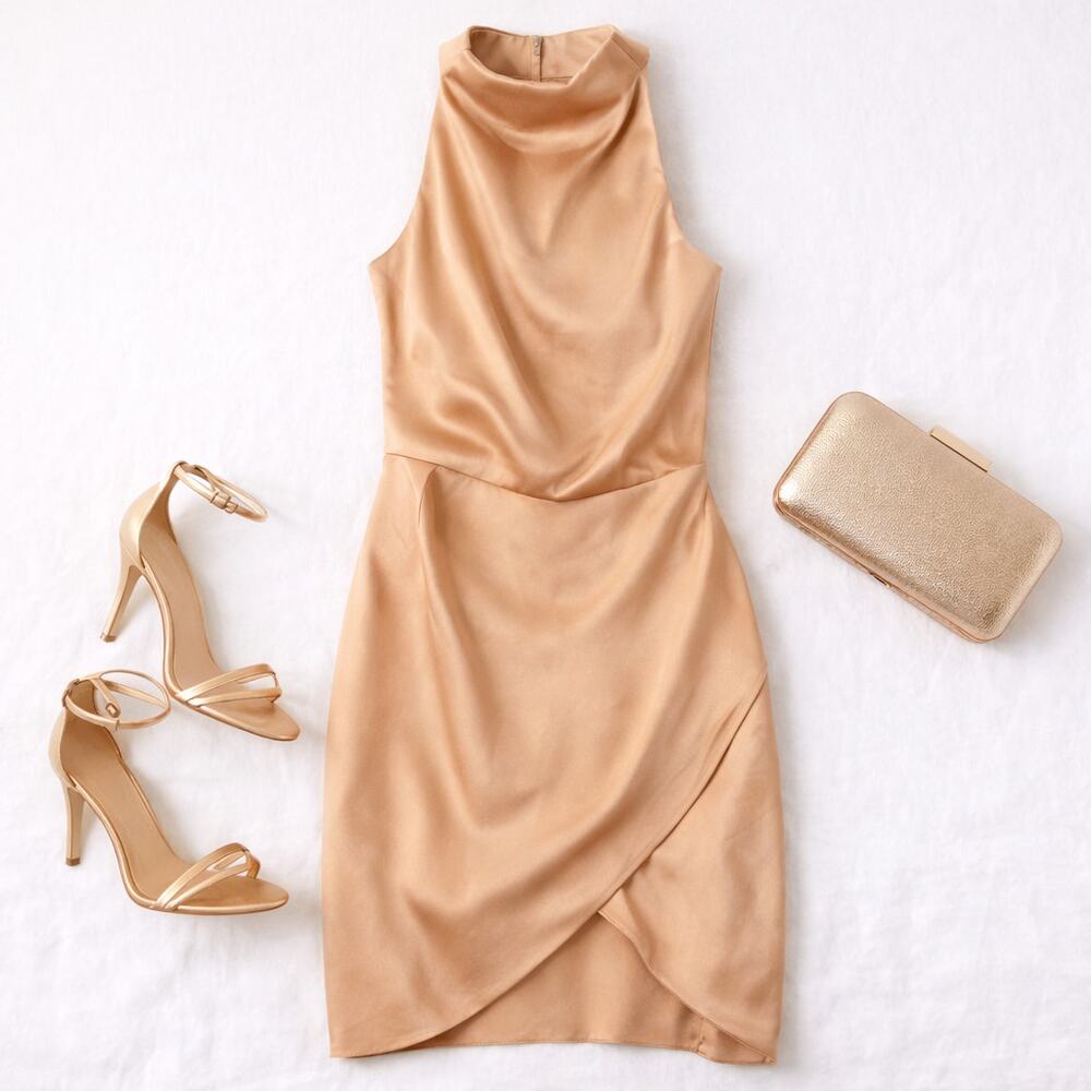 Elliatt Camo Champagne Satin Mockneck Draped Dress Tulip Hem New with Flaw